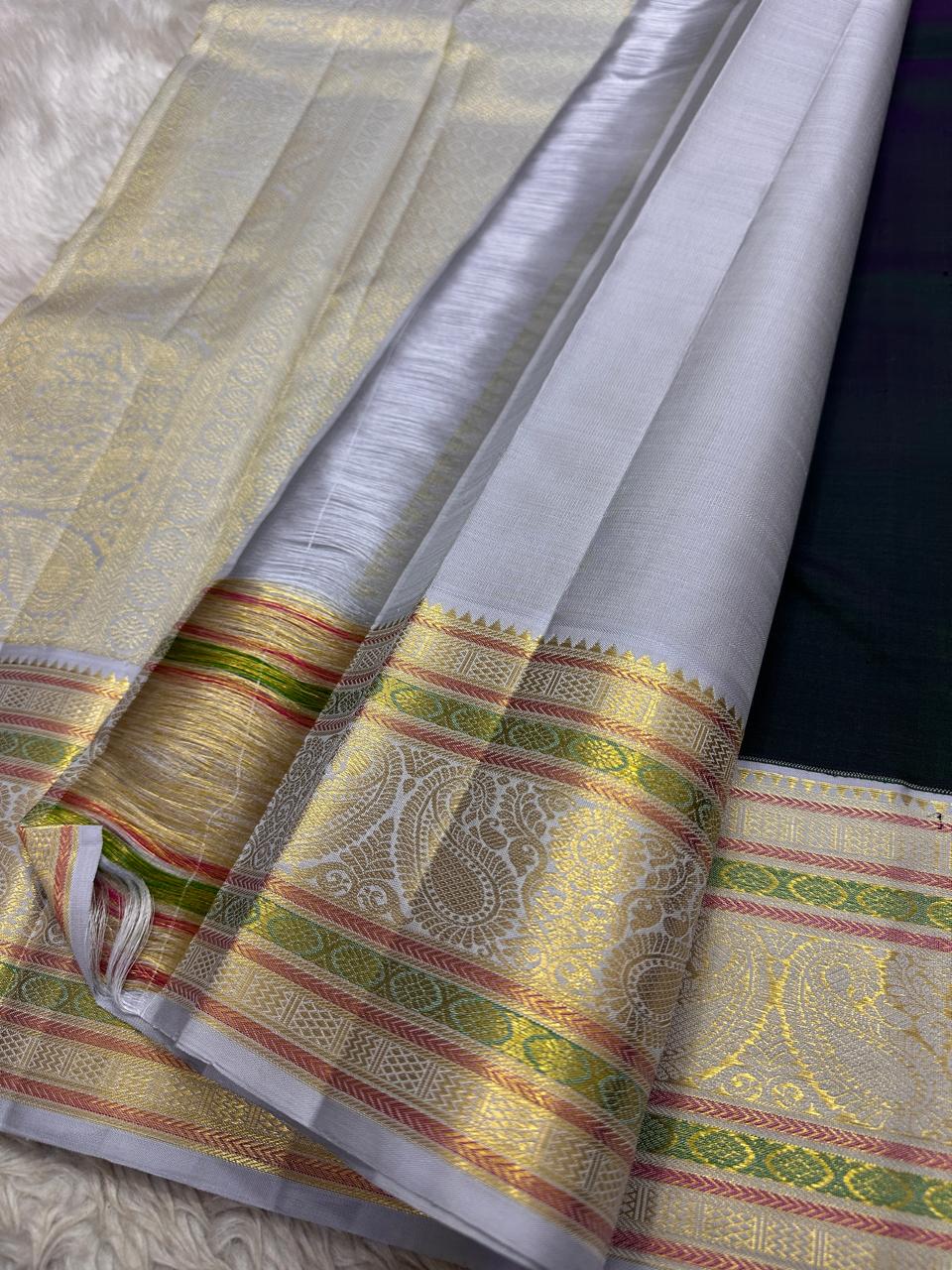 Dual-Tone Peacock Green-Purple Kanjivaram Silk Saree.